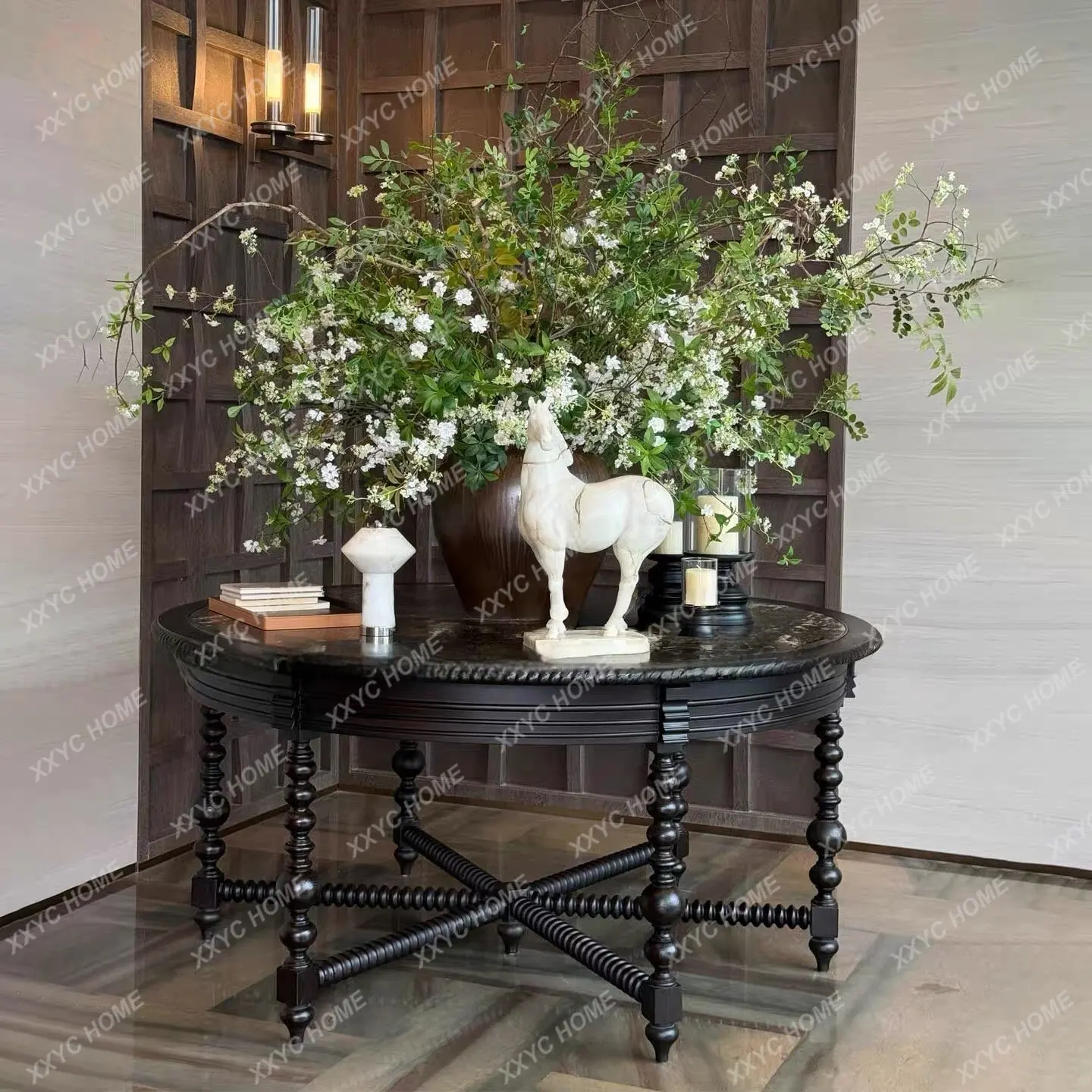 Retro solid wood black round dining table, marble countertop exhibition hall hotel villa restaurant household table