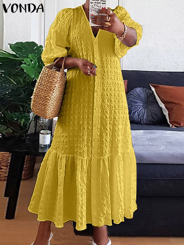 Summer Shirt Dress Women Casual Half Sleeve V Neck Button Down Pleated Long Dresses VONDA Ladies 2023 Bohemian Vestidos  Robe