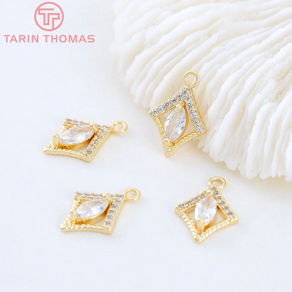 (5200)4PCS 11x16MM 24K Gold Color Brass with Zircon Rhombus Shape Pendants High Quality DIY Jewelry Making Findings Wholesale