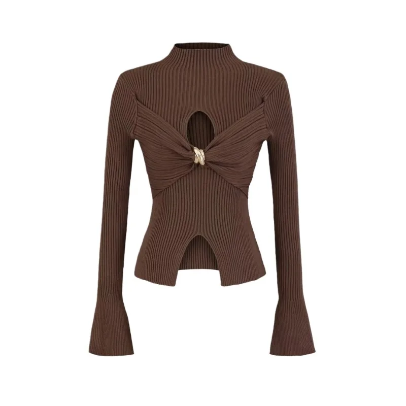 Women Mock Neck Rib Knit Top Twisted Metal Buckle Cutout Flared Long Sleeve Slim Split Hem Solid Autumn Winter Elegant Pullover
