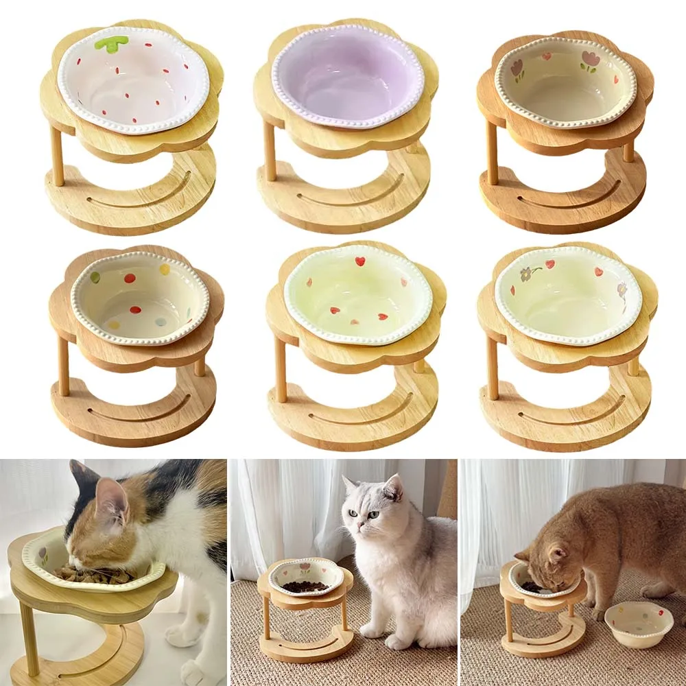 

Wood Cat Bowl Ceramic Saucer Dish Pet Food Bowl with Elevated Wooden Stand High Foot Protection Neck Suitable for Cats Small Dog