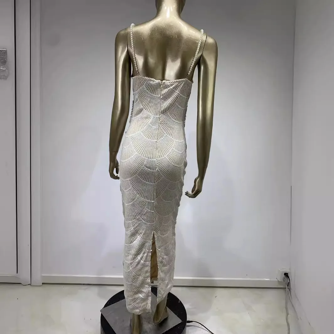 Witte Parel Pailletten Dr Faionable Uitgesneden Par-jurk Nieuwe collectie Dames Dr Gentle Sle Losse taille Polyester Lange ski...