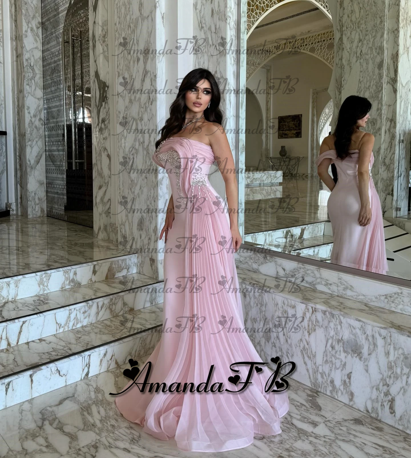 أماندا حكاية الراين فستان سهرة بدون حمالات حورية البحر بكتف واحد مطوي فستان رسمي للحفلات رداء السهرة مخصص