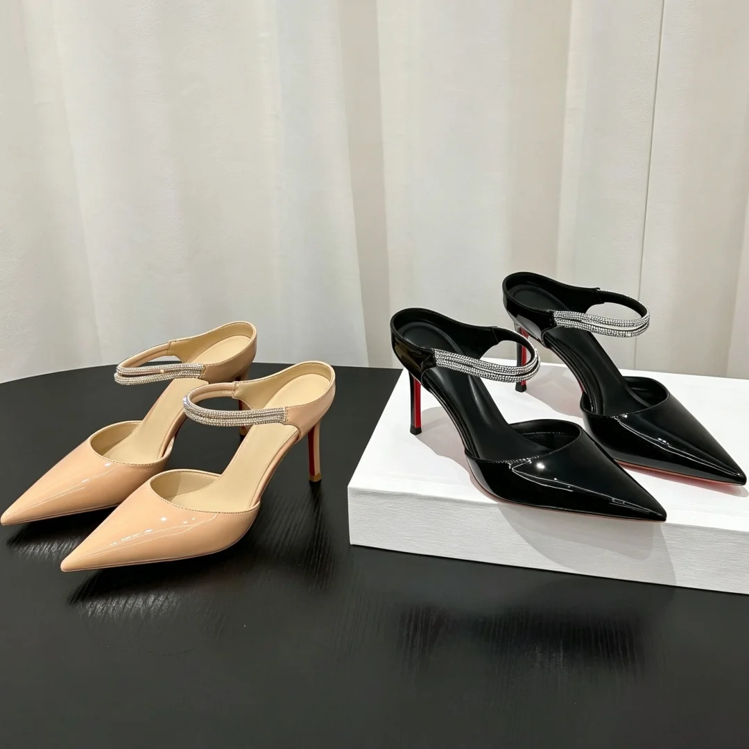 Women Patent Leather Pointed Toe Slingback Pumps Double Row Rhinestone Back Strap Stiletto Classic Red Sole Wedding High Heels