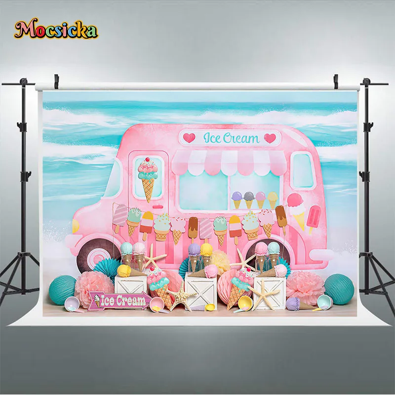 Mocsicka Photography Background Pink Ice Cream Car Baby Girl Boy First Birthday Party Cake Smash Portrait Backdrop Photo Studio
