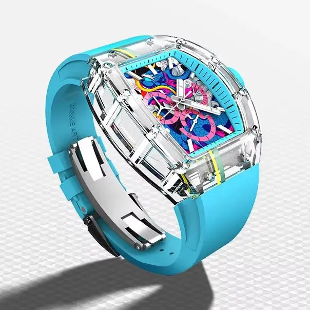 

CRONUSART Мужские часы-хронограф 50 мм Механические наручные часы Tonneau с сапфировым корпусом Зеркальный светящийся ремешок из FKM Скелет Змеиный циферблат