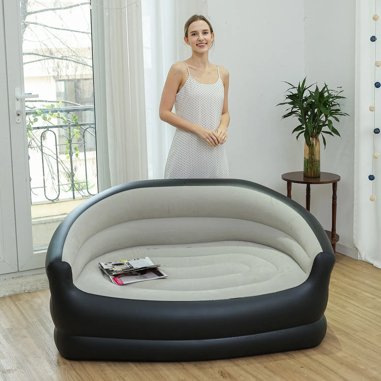 Inflatable double sofa, portable flocking foot pump outdoor lazy sofa