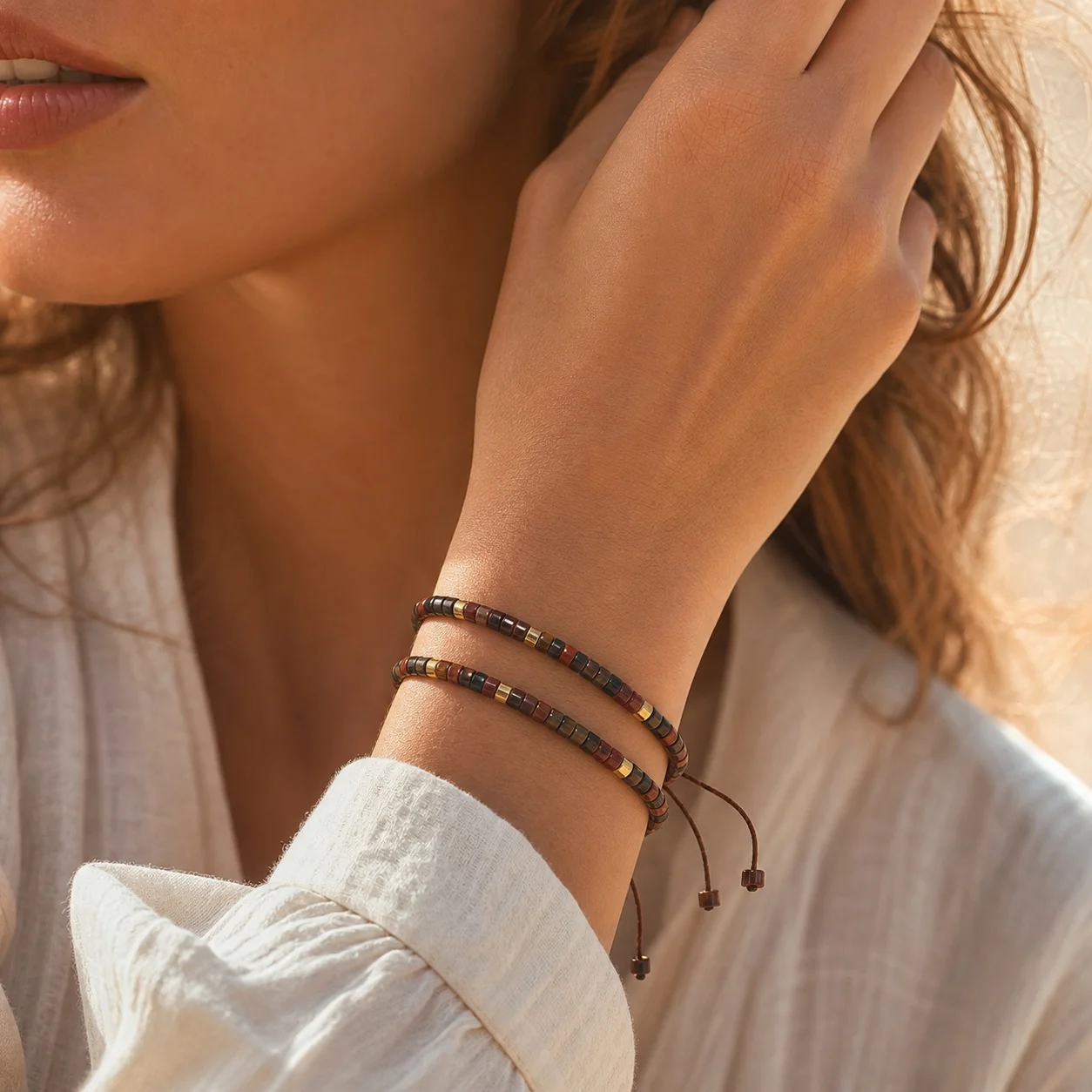 2pcs Boho Brown Stone Beaded Bracelet Geometric Wrap String Bracelet Adjustable Tie Closure Layered Look for Women Men