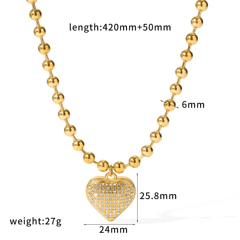 Edelstahl 6/8mm Kugelperlen-Armband und Halsketten-Set 18K vergoldeter Zirkon-Herzanhänger Unisex-Schmuck – Detail 6