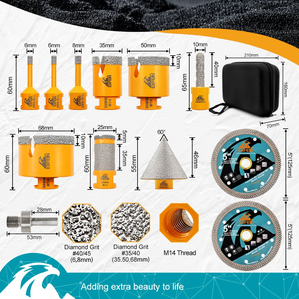 12pcs Kit Diamond Drill Bit 6/6/8/35/50/68mm Core Bit M14 Thread Tile Hex Shank Adapter Marble Granite 5inch Cutting Disc Saw