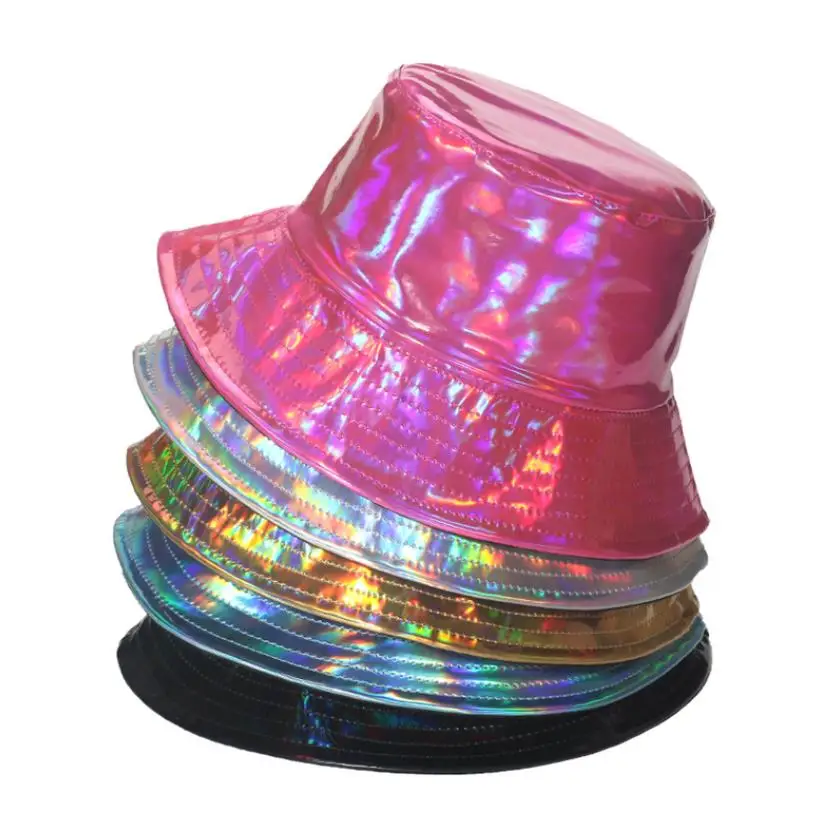 50PCS Neon Metallic Laser Bucket Hat Rave Party Leather Shine Wide Brim Holographic Fisherman Hats Christmas Music Carnival Wear