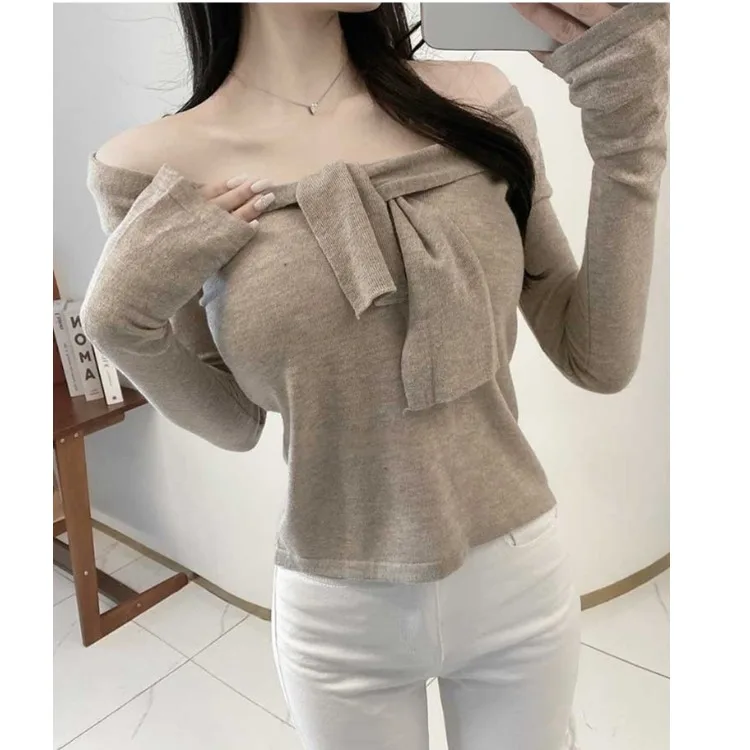 Korean Style Soft Comfortable Slim Fit Thin Knitted Sweater with Belt Shoulder Baring  Women's Fashion Autumn Top