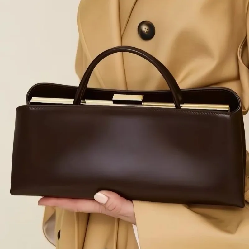 

Women Frame Clasp Clutch Shoulder Baguette Bag Tote Handbag 2026 New Versatile French Bag Colors: Dark brown black and white