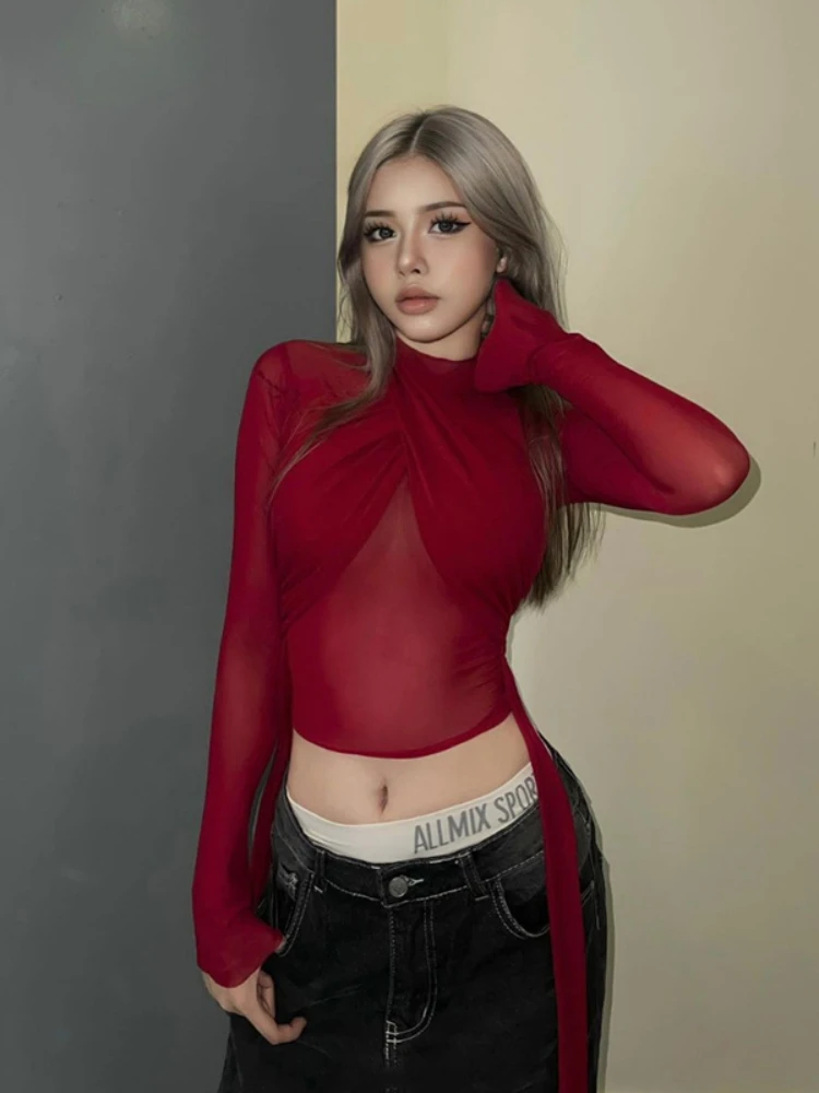 See Through Mesh Sexy Crop Tops Red Black Long Sleeve Tight Shirt Women Street Fashion Blouses