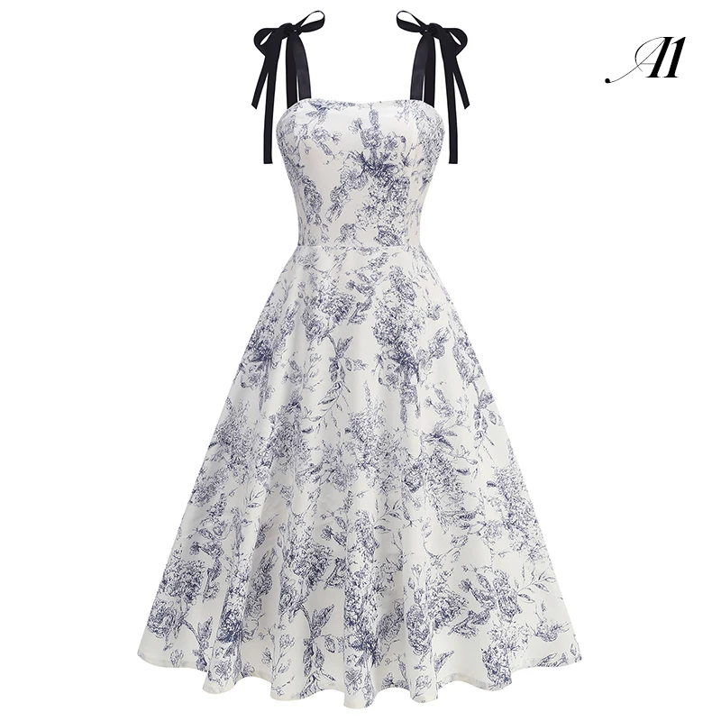 Abito da donna anni '50 anni '60 retrò multicolore stampato floreale vestibilità vintage con papillon cinghie abito senza schienale compleanno ballo di fine anno abito da festa