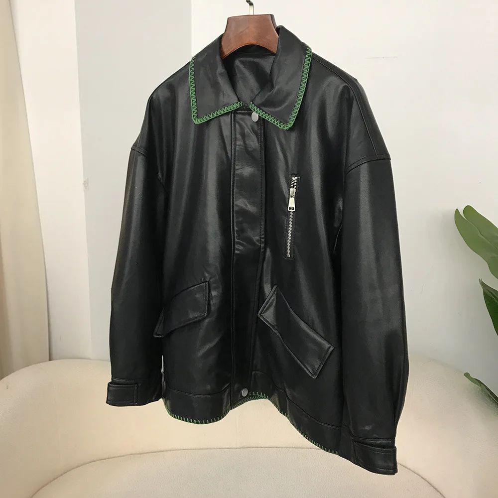 2024 PU leather jacket for women in spring and autumn, fashionable and versatile, simple and loose fit, short casual leather jac