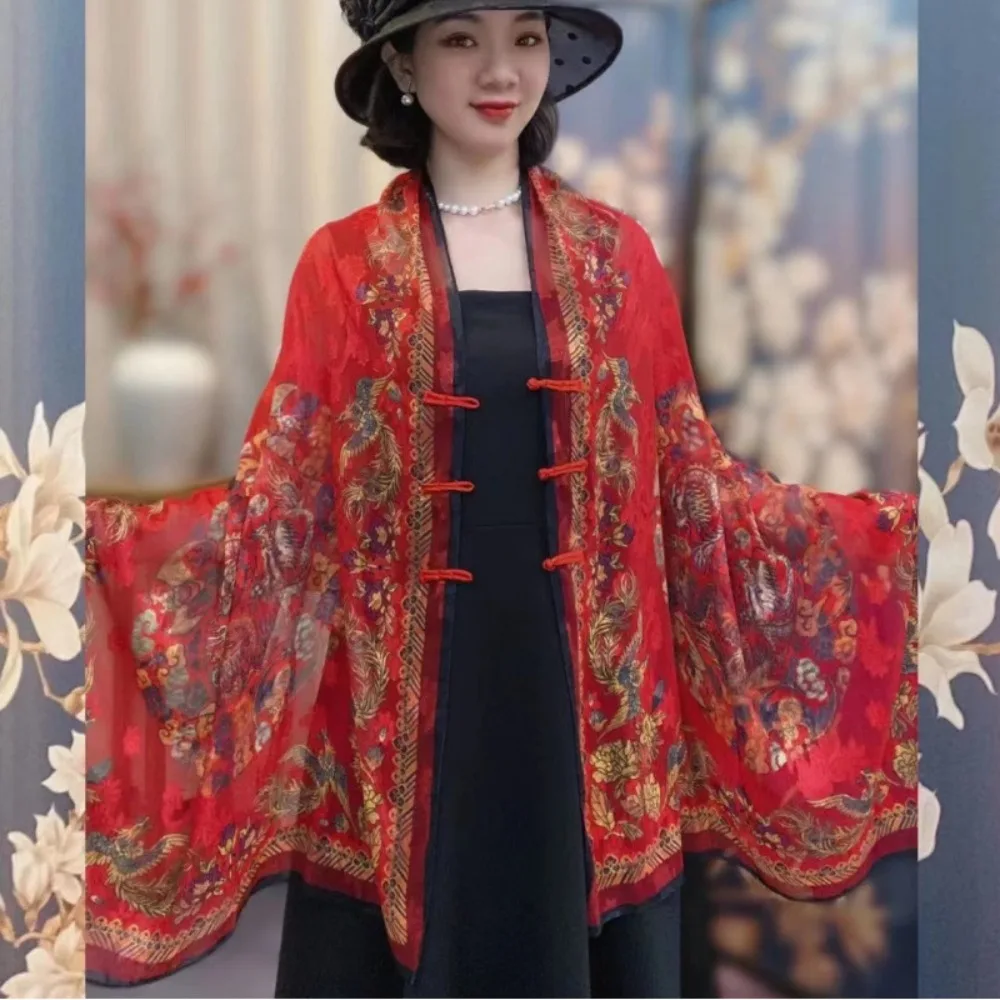 

Casual Retro Style Buckle Printed Shawl Flower Sunscreen Lady Silk Scarf Fashionable All-Match Travel Photography Scarf Summer