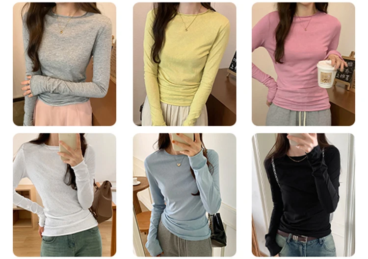 Spring Autumn T Shirt Women Tops Solid Long Sleeve Ruched O Neck Tshirts Female Korean Casual Streetwear High Quality Base Tees