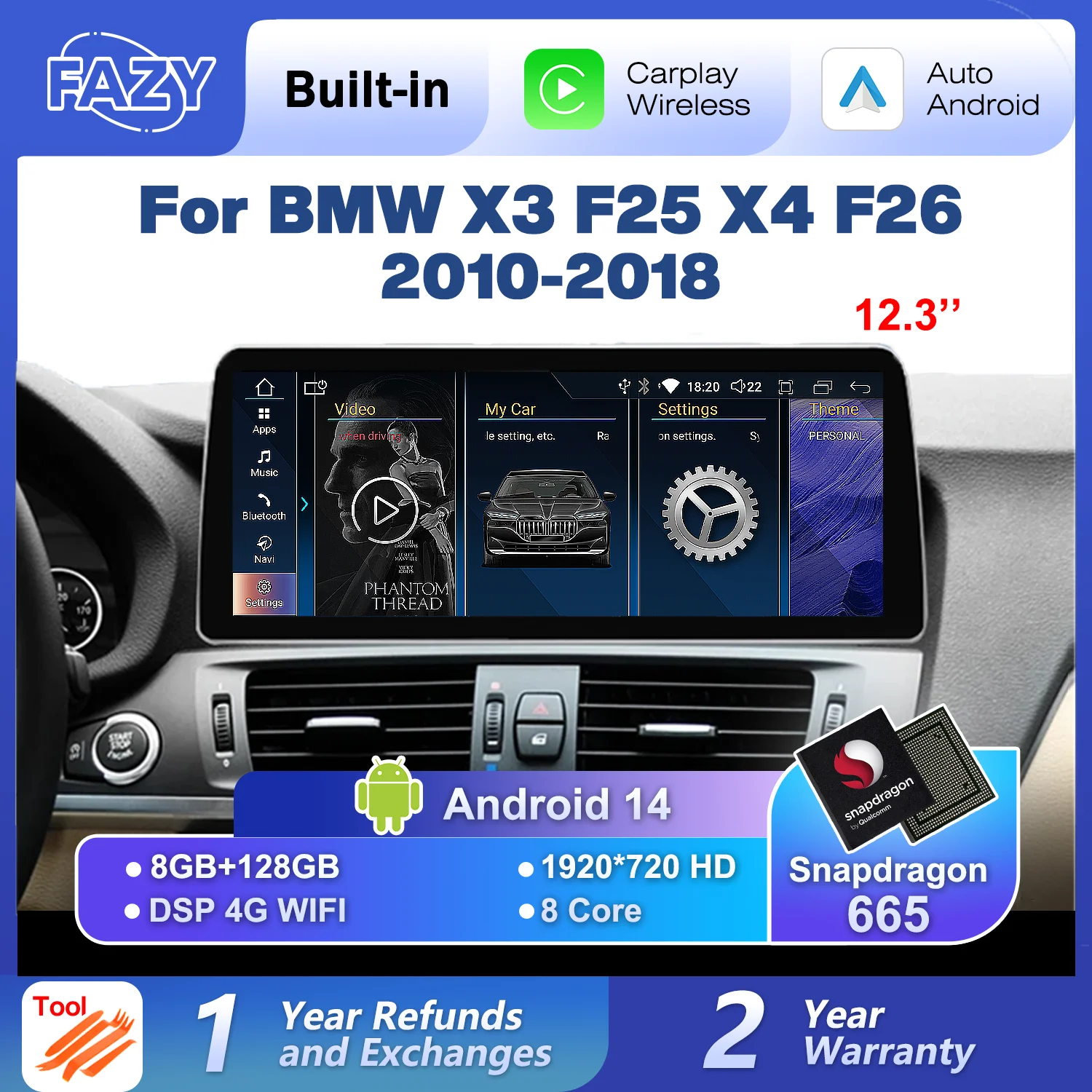 Tela Touchscreen de 12.3 Polegadas NOVA ID8 Android 14 Carplay para BMW X3 F25 X4 F26, Rádio Automotivo, Reprodutor Multimídia, Navegação, 4G, WIFI, DSP