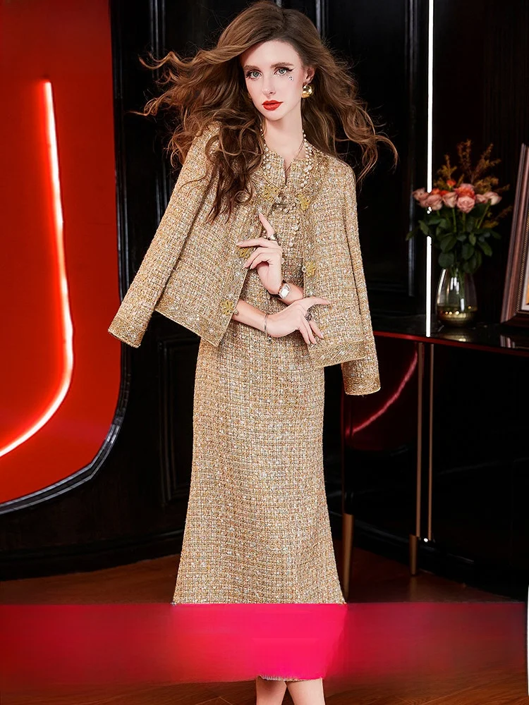 

Elegant Spring Set for Women Fragrant Style Sleeveless Dress with Pearl Embellishment Chinese Button Outer Jacket Fashionable
