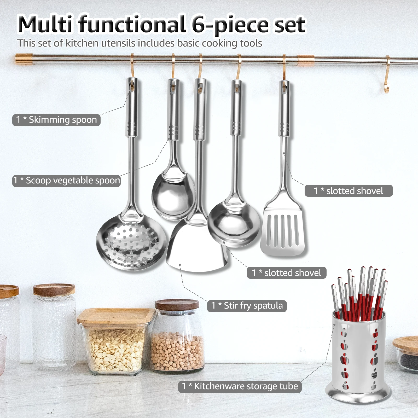 6/5Pcs Kitchen Spatula Pancakes Shovel Omelette Spatula Turner for Eggs Fish Pancake Stainless Steel Cooking Utensils Set