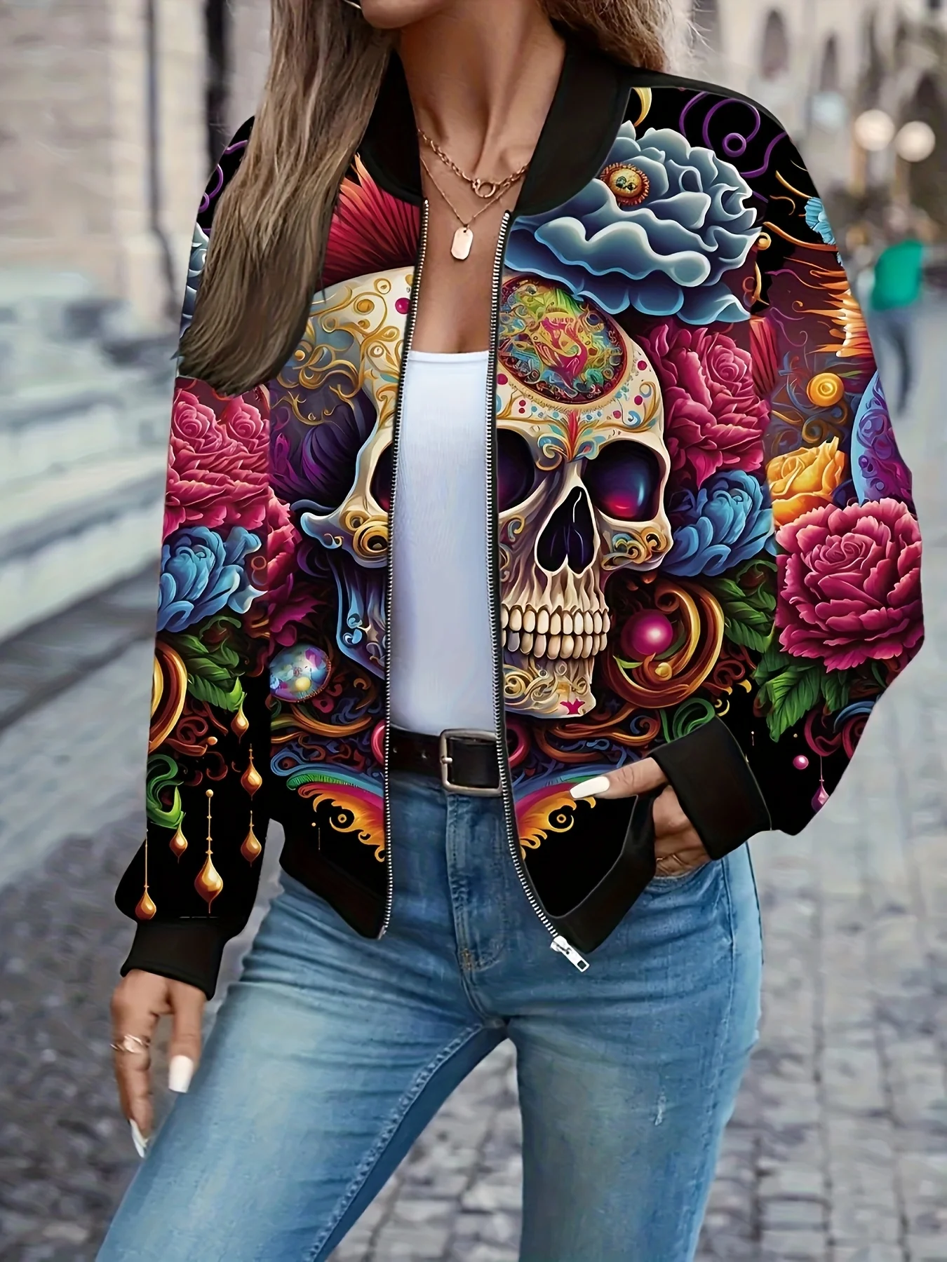Giacca 3D floreale con teschio da donna alla moda, stampa geometrica vibrante, design colorato con cerniera, stile casual primavera autunno