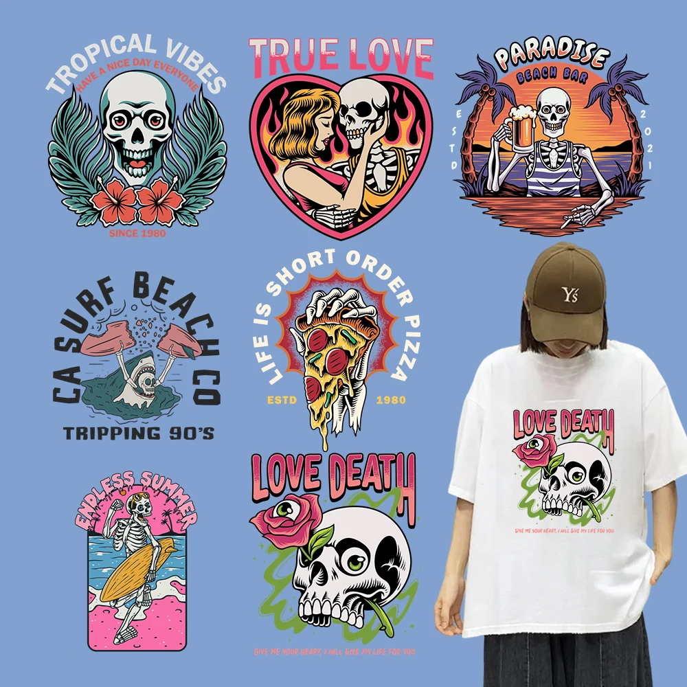 Summer Beach Skeleton Iron Transfer Sticker High Definition Diydecals Iron-On Patches For T-Shirts Washable Applique Decor