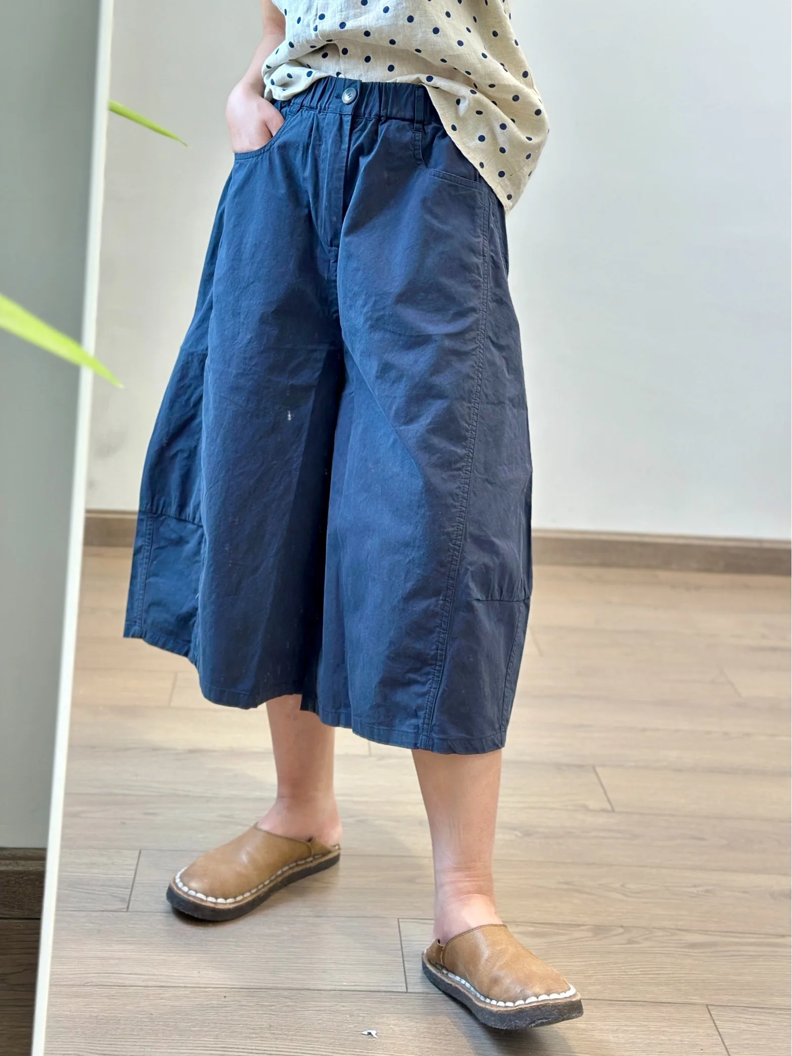 伸縮性ウエストワイドレッグパンツルーズフィット痩身和風夏カジュアルパンツ女性用通勤ファッションポケットディテール