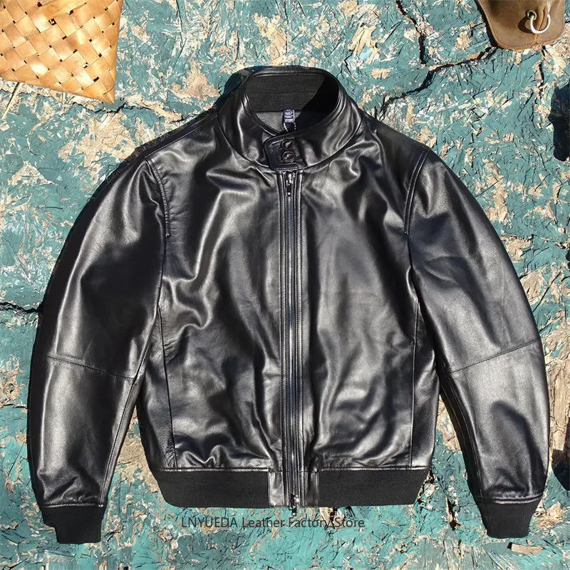 Men Soft Italian Imported Sheepskin Genuine Leather Jacket Short Harrington Biker Coat Without Pocket Flaps