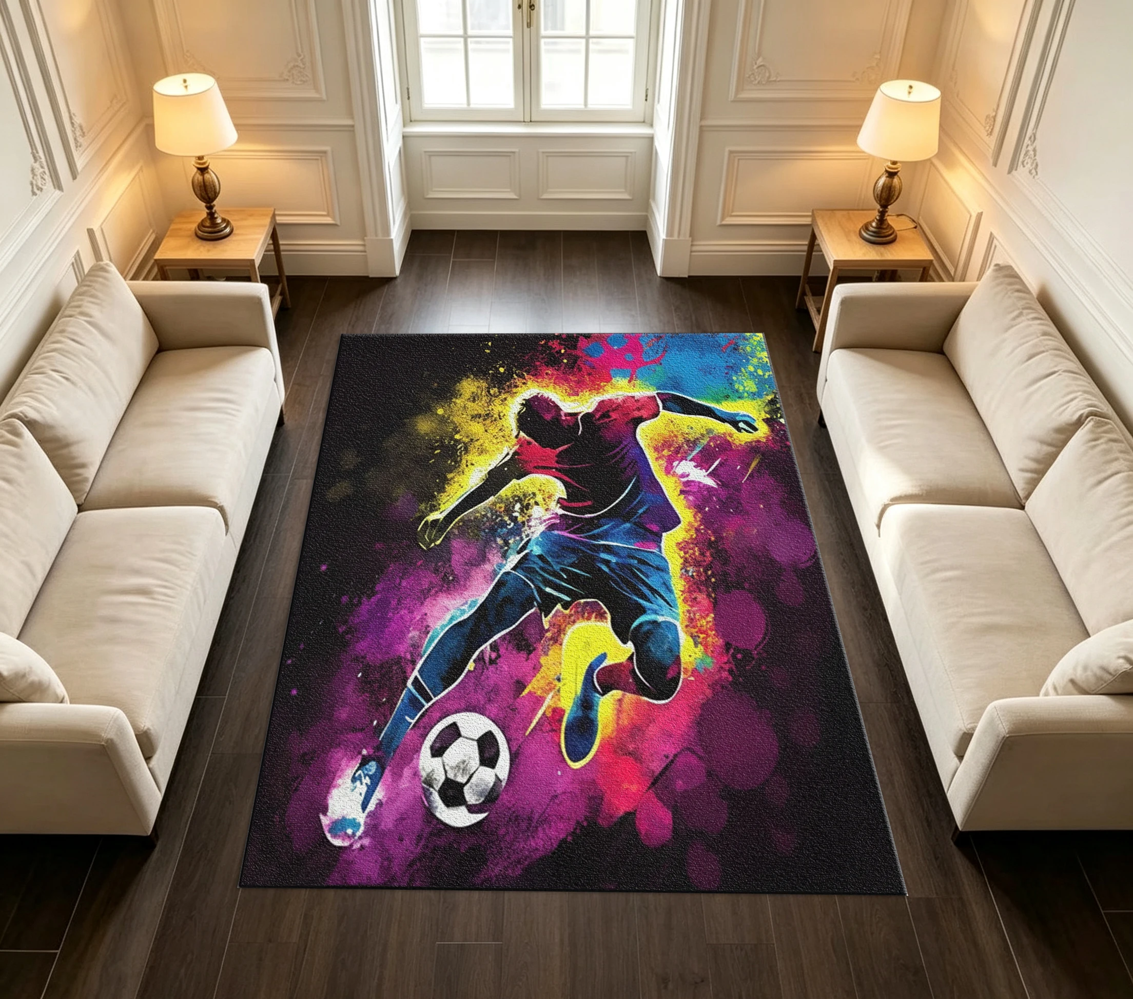 Colorful Splash Soccer Player Sports Theme Home Decor Area Rug
