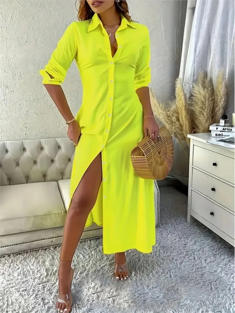 가을 우아한 롱 드레스 여성 기질 새로운 패션 캐주얼 솔리드 컬러 라펠 긴 소매 셔츠 버튼 사다리 여성용