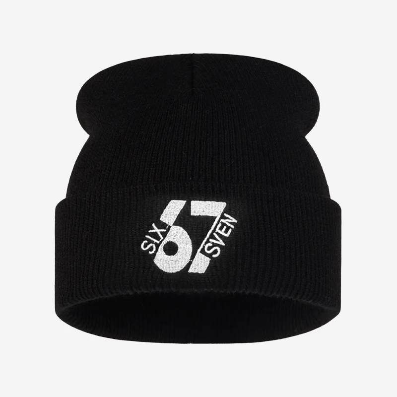 Y2K 67 Six Seven Embroidery Beanie, Retro Number Cuffed Knit Hat, Unisex Warm Winter Cap for Streetwear Casual Style
