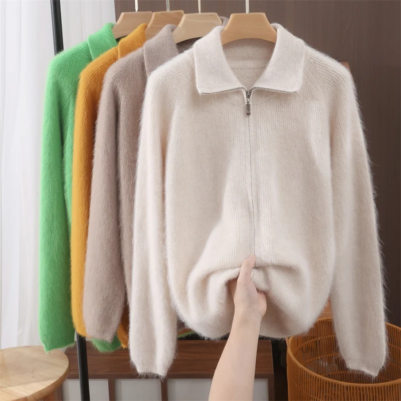 

Exquisite Soft Warm Casual Loose Polo Collar Zip-up Cardigan 100% Mink Cashmere Sweater Comfortable Fashion Femal Clothing Tops