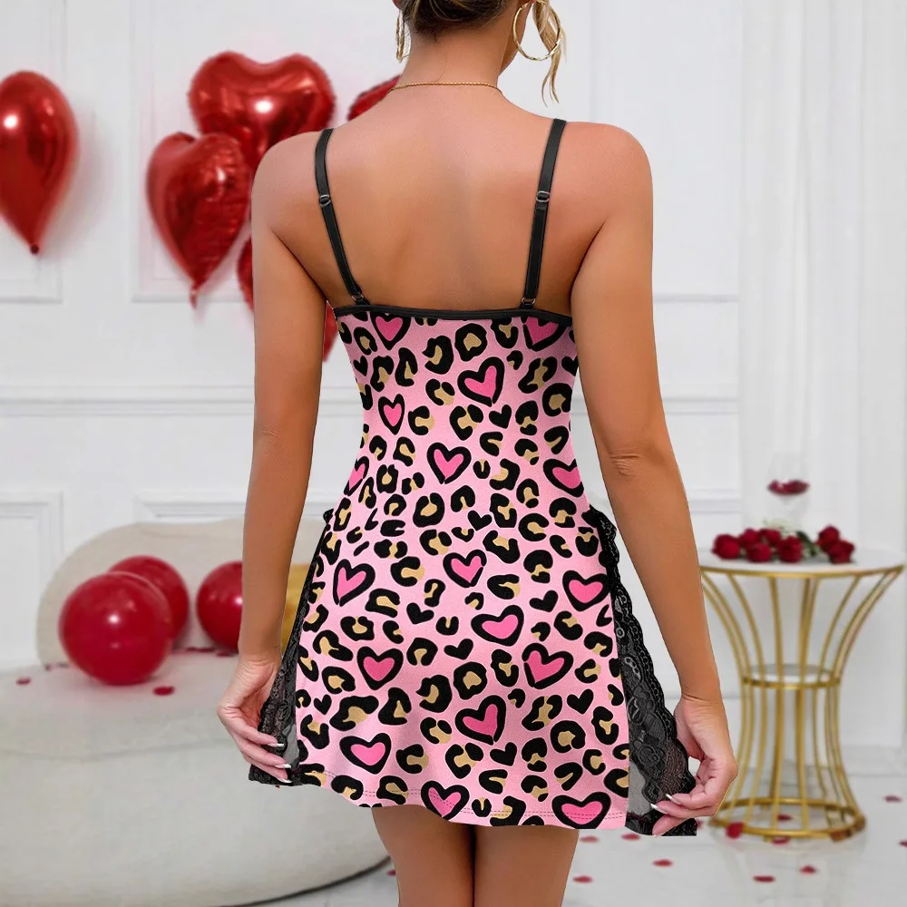 ผู้หญิงเสือดาวหัวใจพิมพ์ลูกไม้ Trim V คอสายสปาเก็ตตี้ Bowknot Cami Sleep ชุดโรแมนติก Nightgown