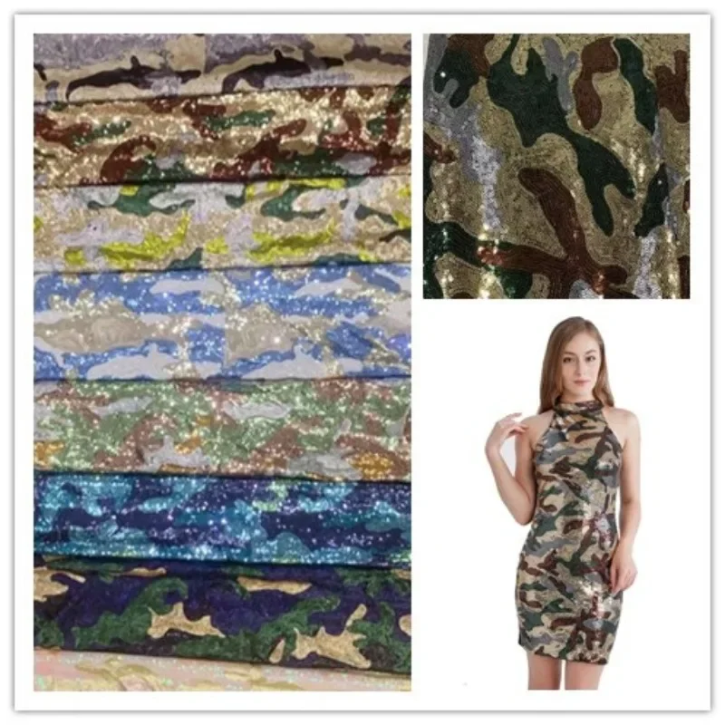 1yard Camouflage Sequin Fabric Embroidery Sequin Fabric Lace Nigerian African Fabric for DIY Sewing Bag Lining Clothing