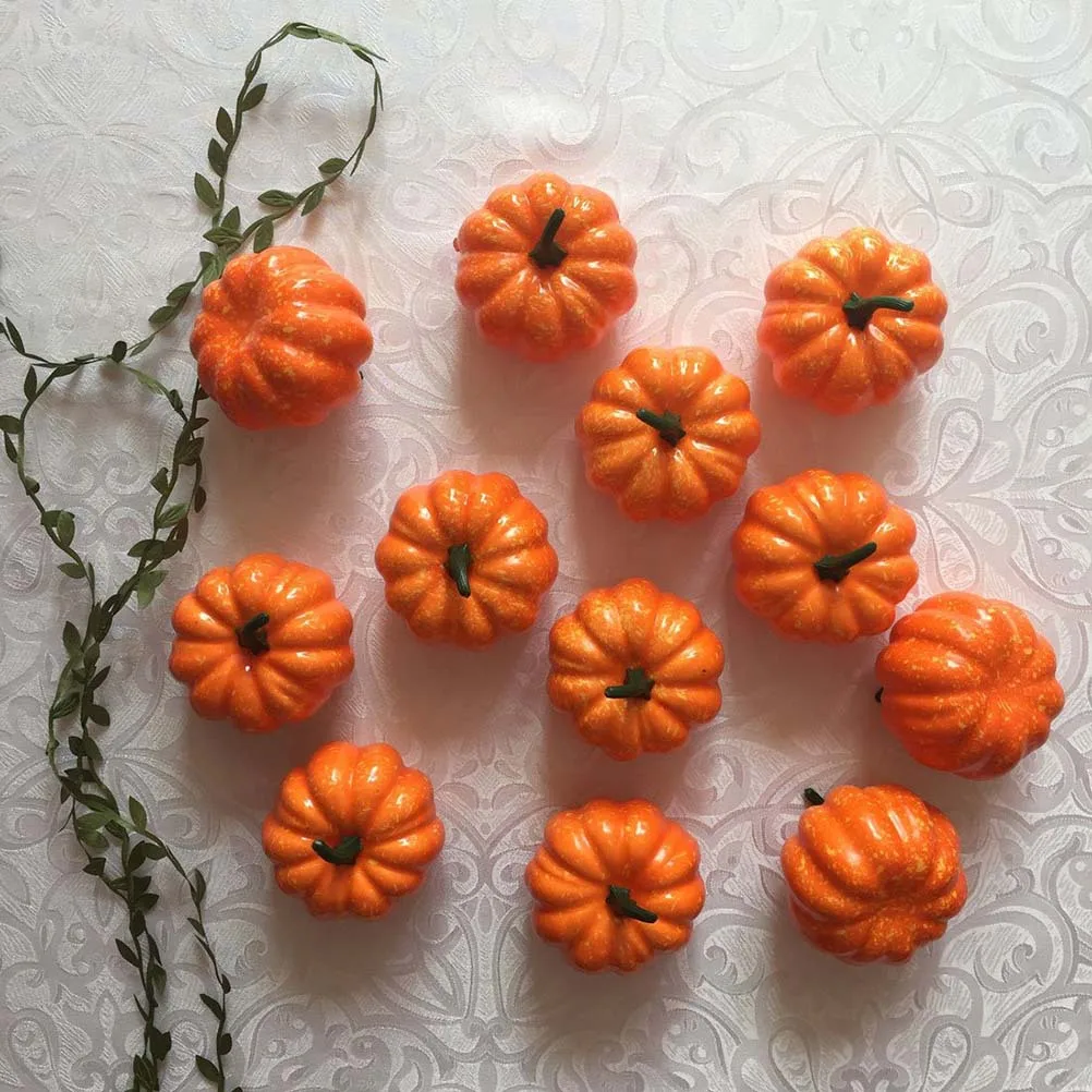 

12pcs Mini Artificial Pumpkins Halloween Thanksgiving Fall Weddings Green Yellow Foam Autumn Decor Table Basket Filler 5.5Cm X