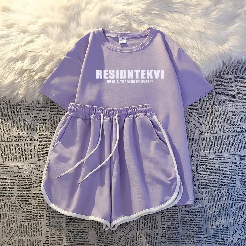 Femme Summer Korean Fashion Printing Solid Color Sports Suit Trend Women Clothing Lazy Wind Appear Thin Letter Two-piece Set Top