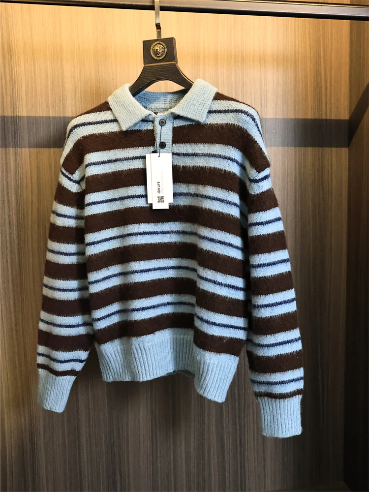 

Модный городской мужской трикотаж, свитер с воротником, цветные тканые полоски, элитная повседневная одежда на осень-зиму, длинный свеч, чистый ...