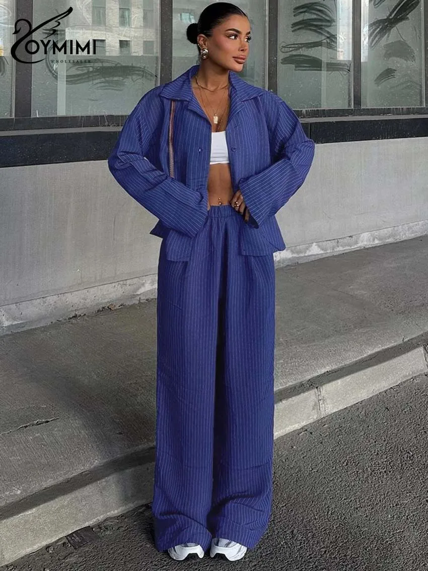 

Oymimi Casual Blue Print Woman 2 Piece Outfit Set Elegant Long Sleeve Single Breasted Blouses And Mid Waist Straight Pants Sets