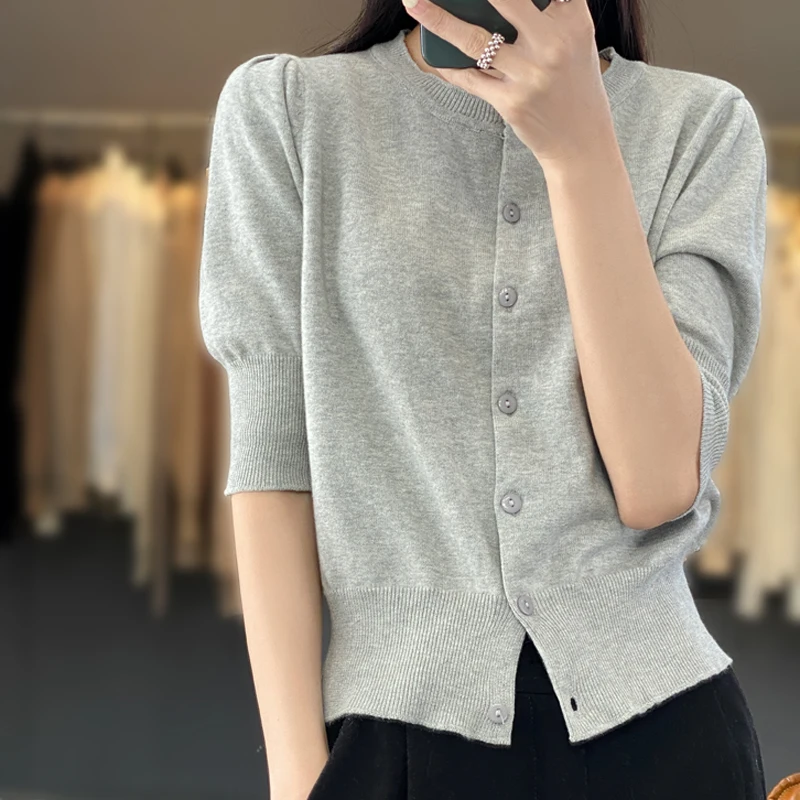 

23 Spring New Pure Cotton Cardigan Women's Short Sleeve Loose Crew Neck Coat Show Thin Everything With Knitted Hemp Sleeve Top