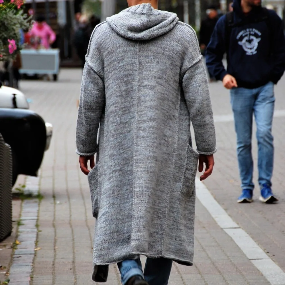 Men Cardigan Sweaters Hooded Coat Full Sleeve Solid Coats Casual Loose Outerwear Splice Open Stitch Autumn Winter 2024