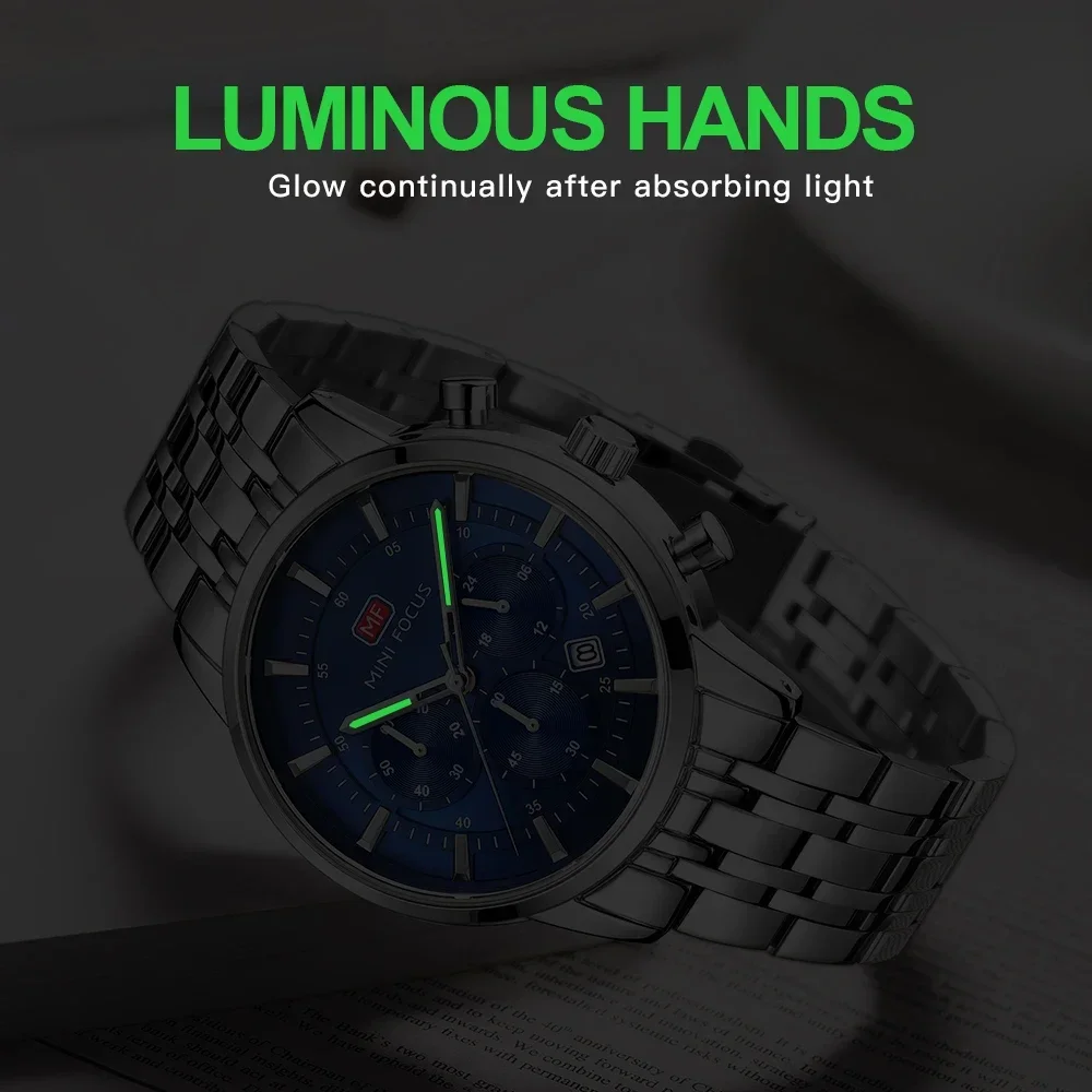MINI FOCUS 0282G Men Business Chronograph Quartz Watch Stainless Steel Male Clock Men‘s Waterproof Watches Relogio Masculino