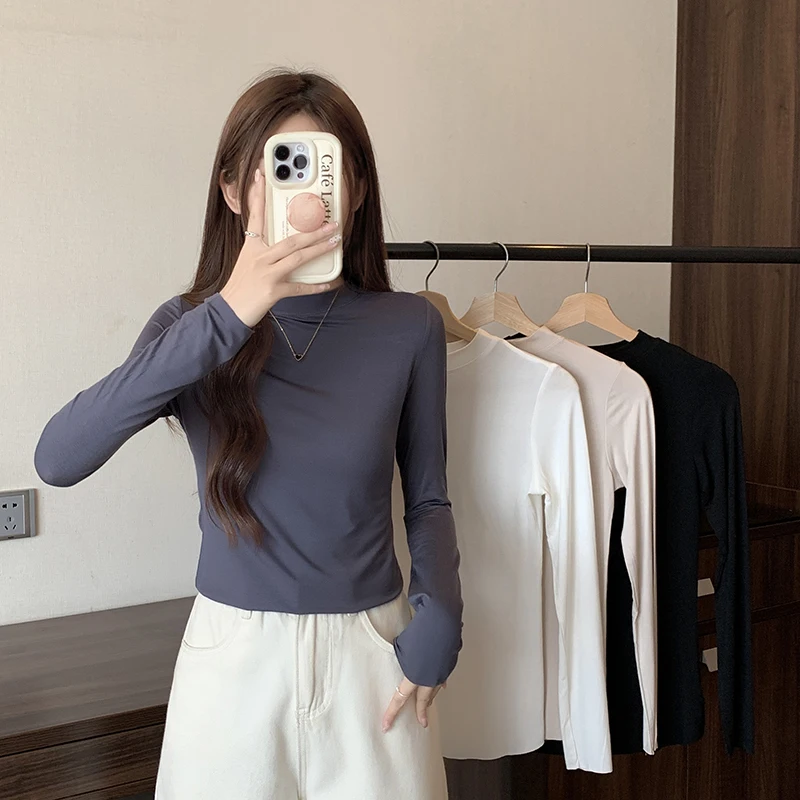 

Modal T-Shirt Women Long Sleeve Autumn Half High Neck Bottom Shirt Inner Slim Fashion Female Basic Elastic Tops