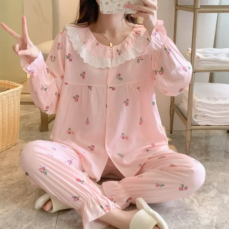 Women Sweet Long-sleeve Cardigan Pajamas Set Female Princess Style Floral Print Spring Summer Elastic Cuff 2 Pcs Home Clothing