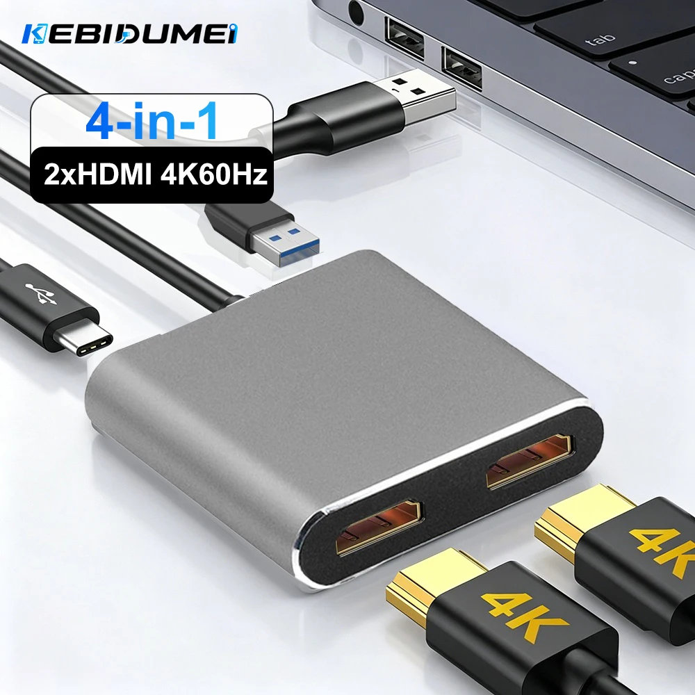 KEBIDUMEI Dual HDMI 4K60Hz 4 Ports USB C Docking Station TYPE C to USB 3.0 5Gbps PD 100W Adapter USB Splitter For Laptop Macbook