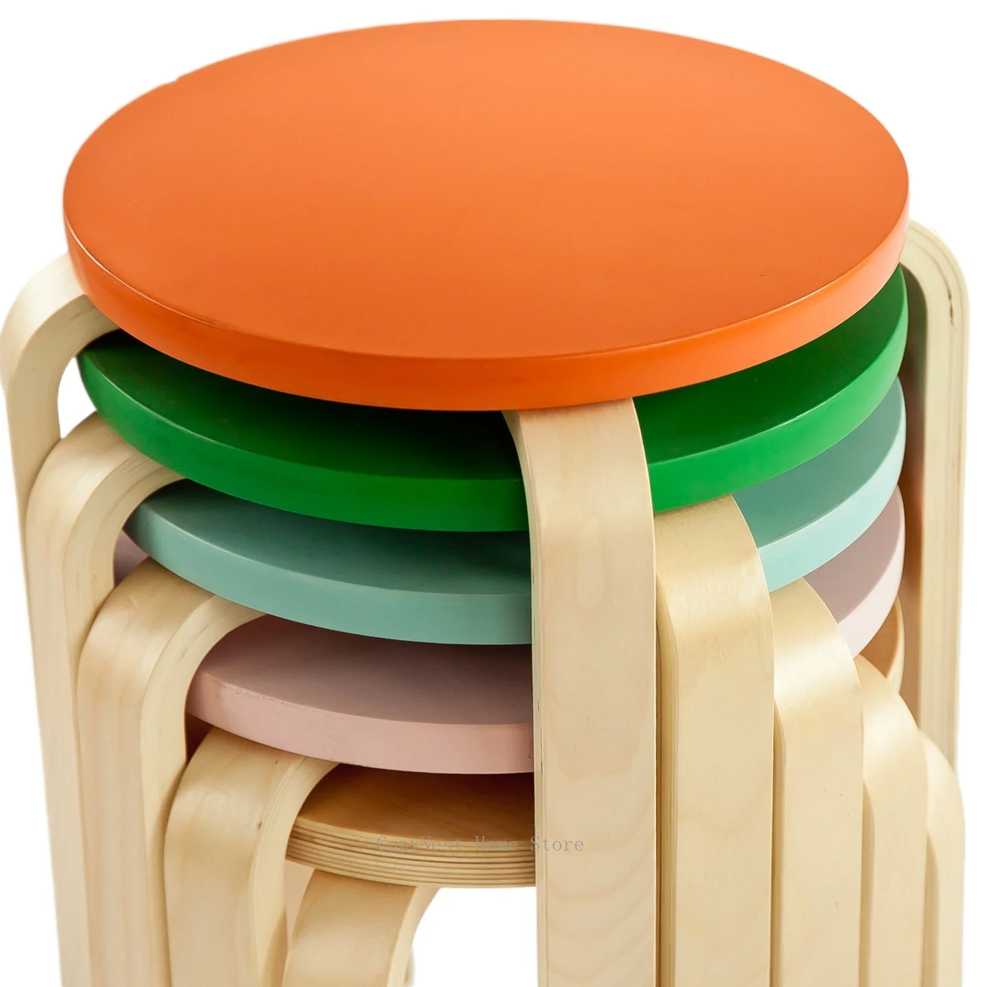 Wooden round stool Color curved wooden bench Household stackable folding furniture