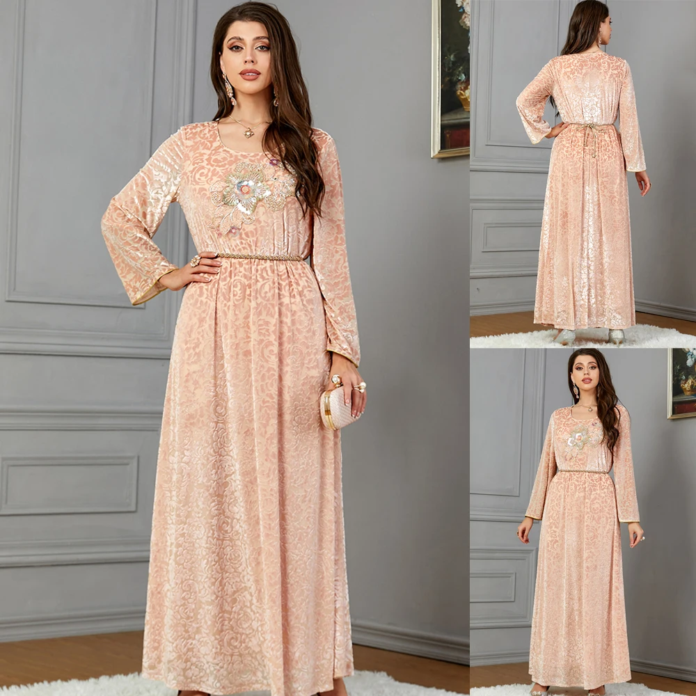 

Женское бархатное длинное платье, роскошное вечернее платье с цветочным принтом, украшенное бусинами, в мусульманском стиле, Дубайский кафтан, марокканский ИД, Осень-зима