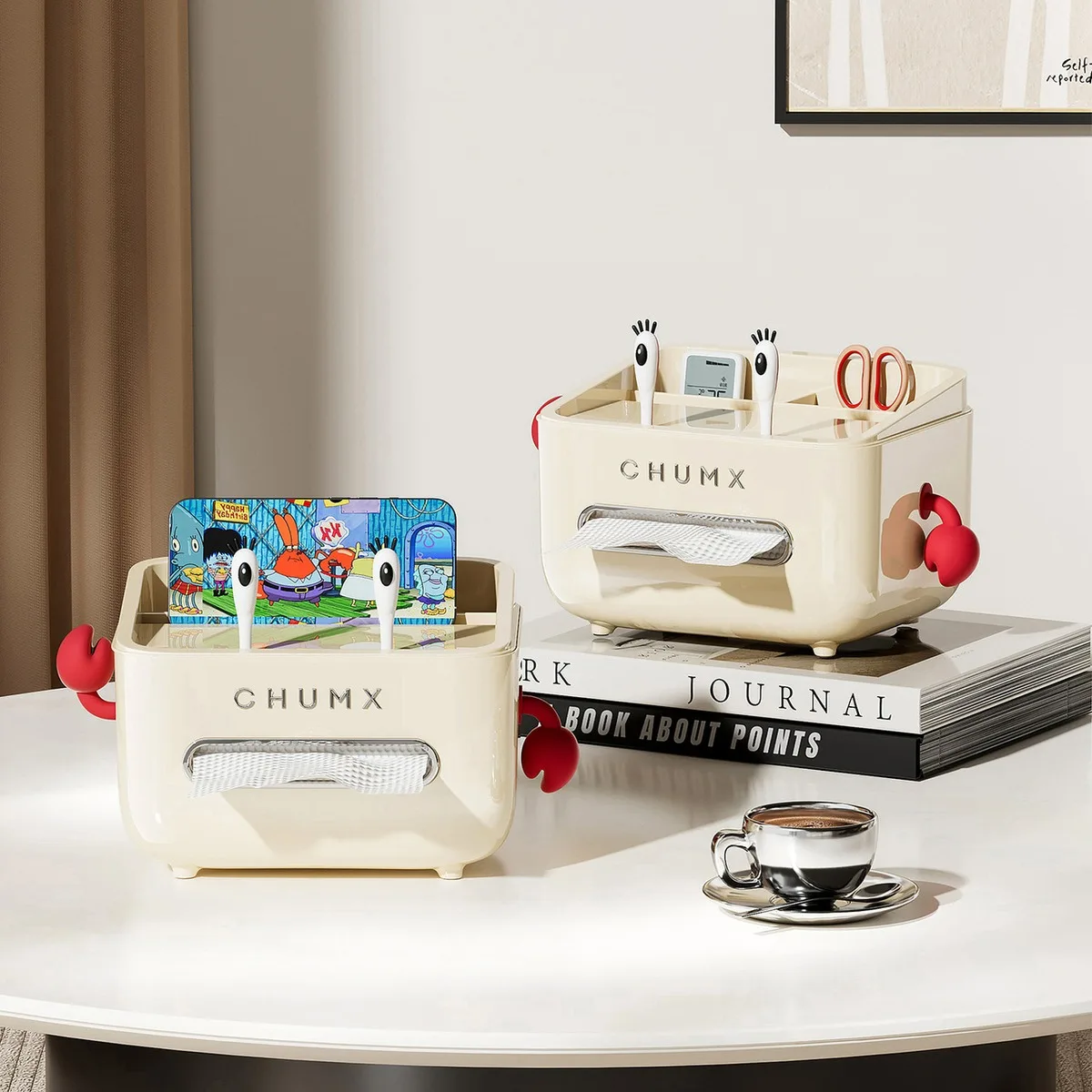 Desktop Tissue Box Organizer with Top Tray Crab Rabbit Cream Blue Pink Multifunction Remote Holder