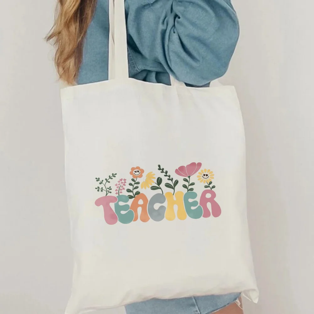 Teacher Teach Love Watch Them Grow Floral Print Tote Bag Boho Flower Teacher Canvas Shoulder Bag Inspirational Quote Tote Bag