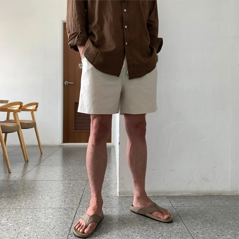 Japanese Style Summer Men Solid Color Straight Wide Leg Loose Simple Basic Linen Shorts Male Black Army Green Bottom Clothes